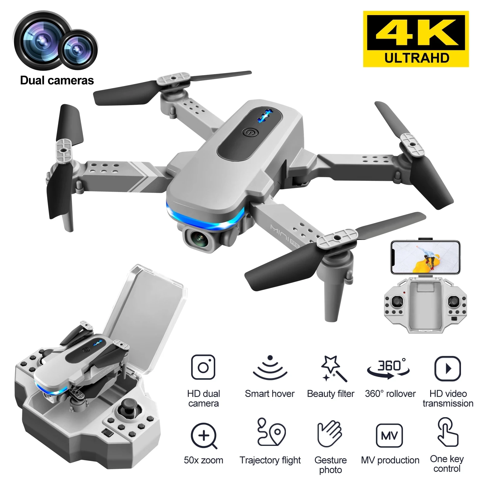 Мини-Квадрокоптер KY910 складной с двойной камерой 4K HD и Wi-Fi | Игрушки хобби