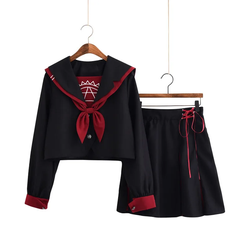 School Dresses Japanese Jk Uniforms Black Sailor Suit Anime Pleated Skirt Uniform Dress High School Girls Students With Bow Tie