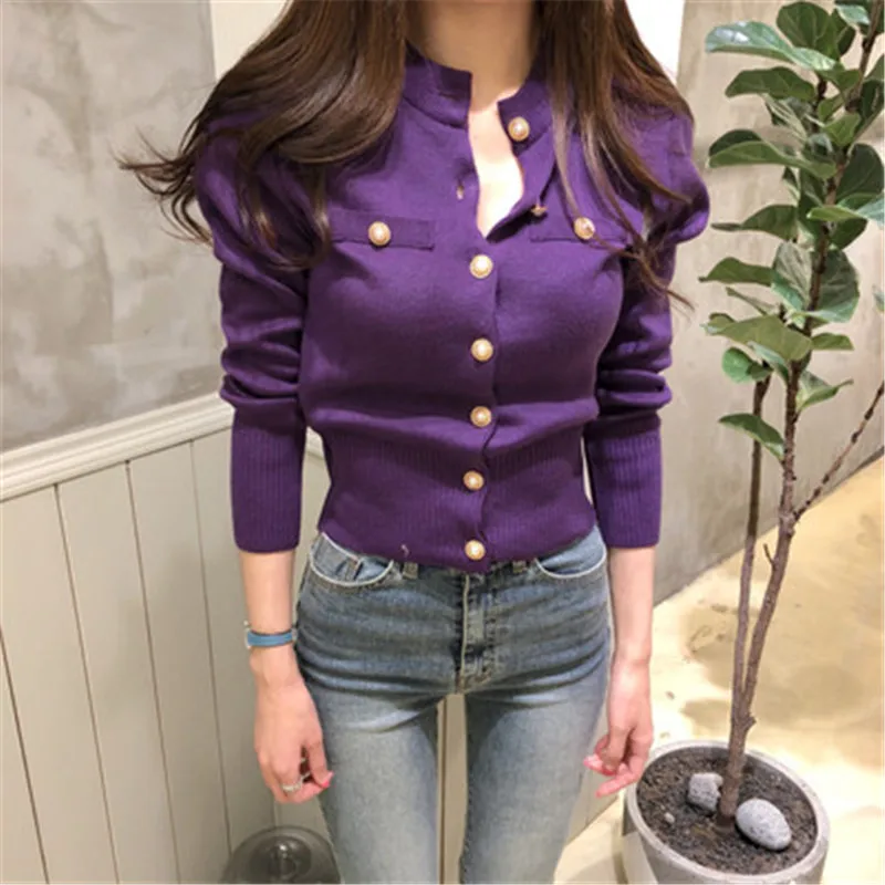 RUGOD свитер в Корейском стиле для женщин,, круглый вырез, Одноцветный, однобортный, вязаный кардиган, Повседневный, для девушек, Pull Femme Hiver - Цвет: Фиолетовый