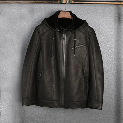 Черная мужская куртка с капюшоном из овчины Мужская короткая стильная шуба оригинальная летная куртка пальто пилота - Цвет: Black