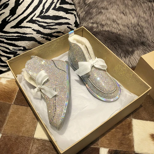 Colorful diamond RY-RELAA Женские ботинки ботильоны; Сезон Зима; модная обувь из натуральной кожи обувь ins шерстяные ботинки для снежной погоды Женские ботинки на меху стразы сапоги - Цвет: Colorful diamond