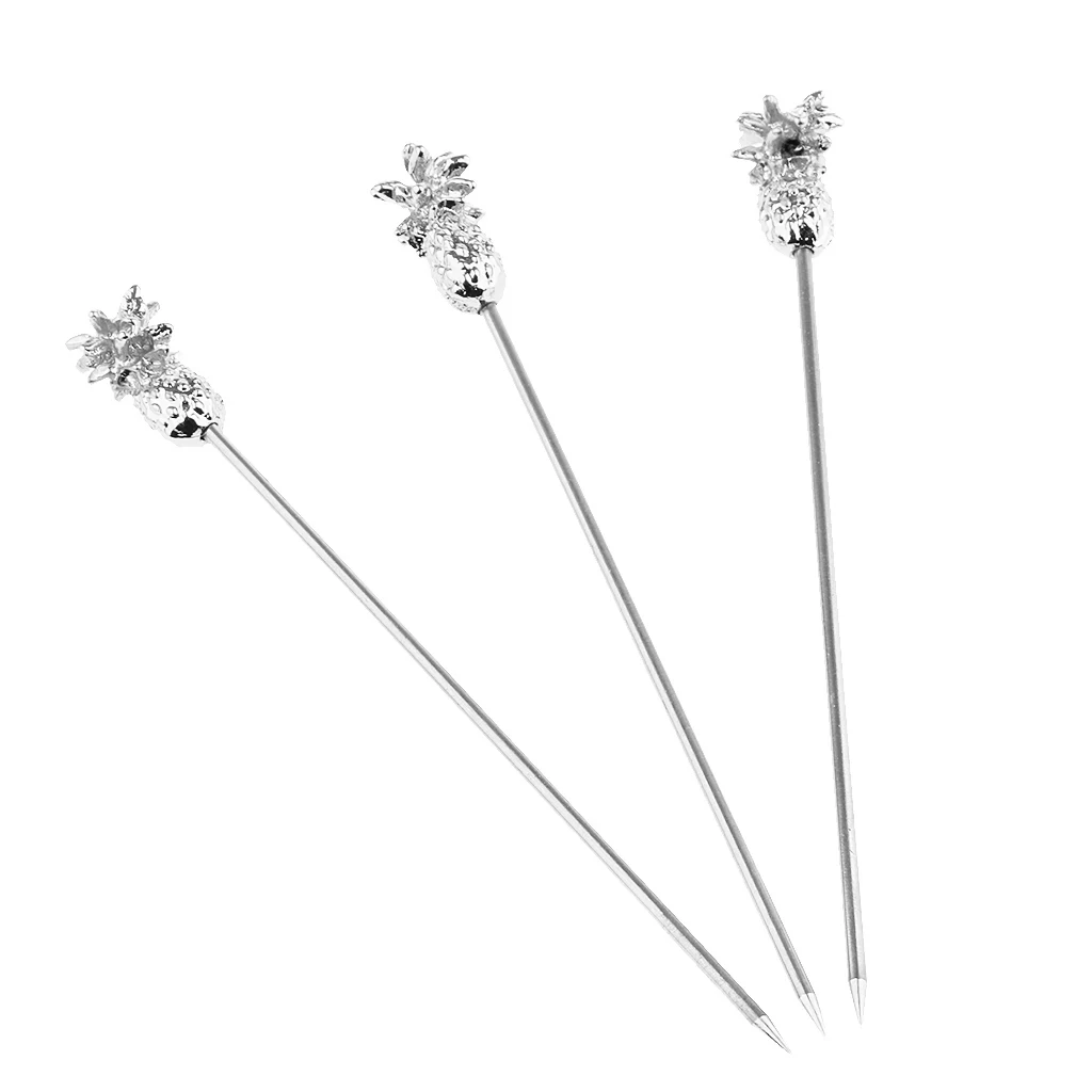 3Pcs Stainless Steel Swizzle Sticks Fruit Pineapple Stick Cocktail Pick for Kitchen Party Bar Accessory Rose Gold/Silver/Gold