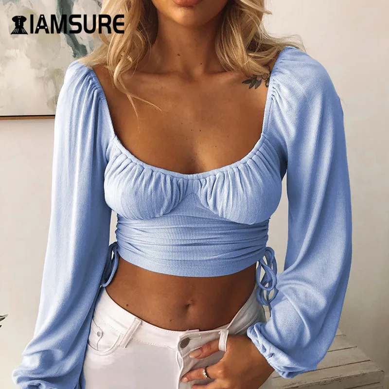 

IAMSURE 2020 Autumn Vintage Square Collar Drawstring Tops Tee Streetwear Fashion Long Sleeves Slim Outfits Solid Female T-Shirt