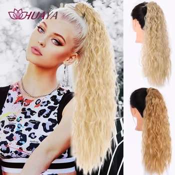 

HUAYA Long Ponytail Synthetic Hairpiece Wrap on Clip Hair Extensions Mixed Colours Corn Wavy Pony Tail Blonde Fack Hair