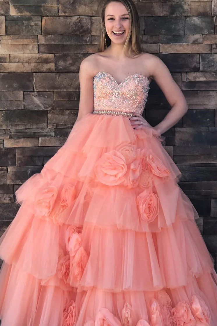 

Sweetheart Beads Tops Prom Gown Romantic Flower Tulle Evening Dress