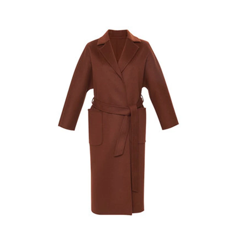 Autumn Spring Women V-Neck A-Line Two-Sided 100% Wool Coat 2020 New Slim Double Breasted Belt Female Fashion Overcoat | Женская одежда