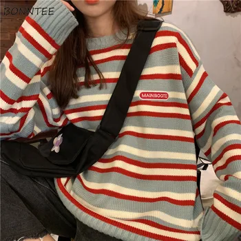 

Sweaters Women Striped Harajuku Student Simple O-Neck Womens Pullover Knitting High Quality All-match Casual Fashion Korean Chic
