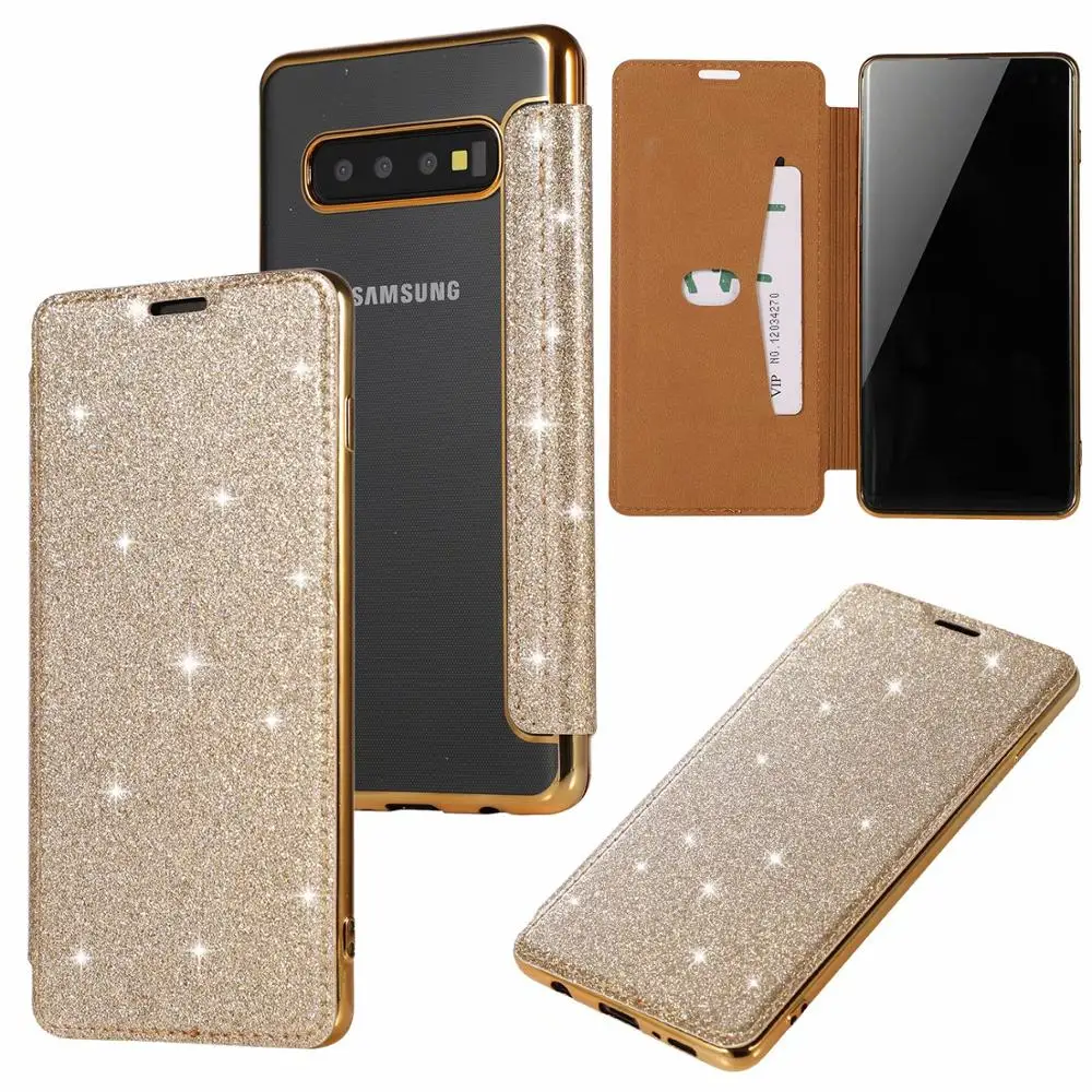 

for Samsung galaxy Note 10 Pro 9 8 S10 S9 S8 Plus S7 Edge Sparkle Chrome Soft Transparent Full cover Leather case Card holder