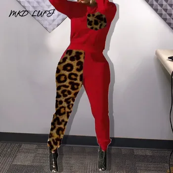 

Leopard Print Patchwork Long Sleeve Tops & Skinny Long Pants Set Women Casual Two Piece Set Outfits