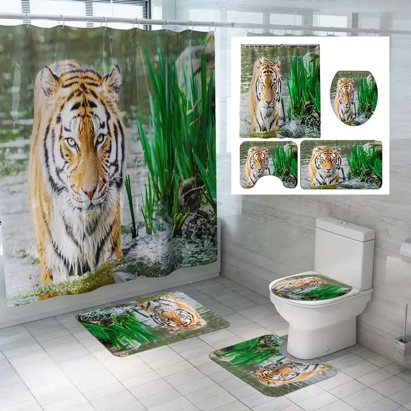 

New 4Pcs 180x180cm Bathroom Sets Animal Print Shower Curtain Water Resistant And Mould Proof Mats Tiger/lion Type