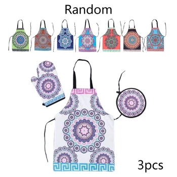 

3PCS Mandala Style Heat Resistant Kitchen Glove with Apron and Potholder Set for Kitchen Cooking and Baking