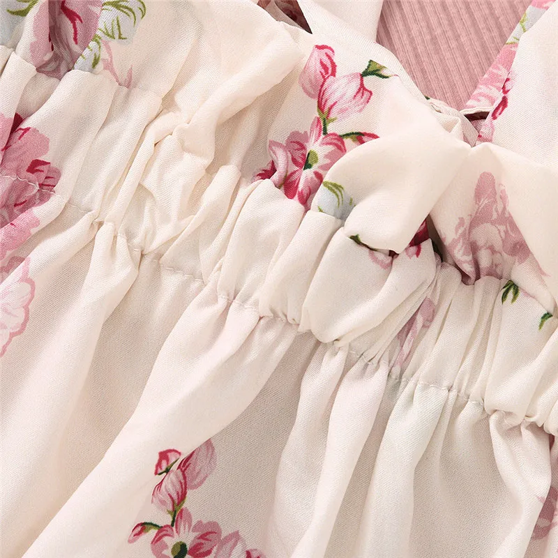 Toddler Baby Girls Long Sleeve Solid Tops+Floral Print Suspender Skirts Outfits vetement enfant fille #4J26 (7)