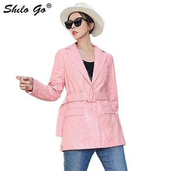 

Genuine Leather Coat Pasted Pink Office Lady Elegant Notched Neck Buckle Belted Blazer Women Autumn Minimalist Coat Outerwear
