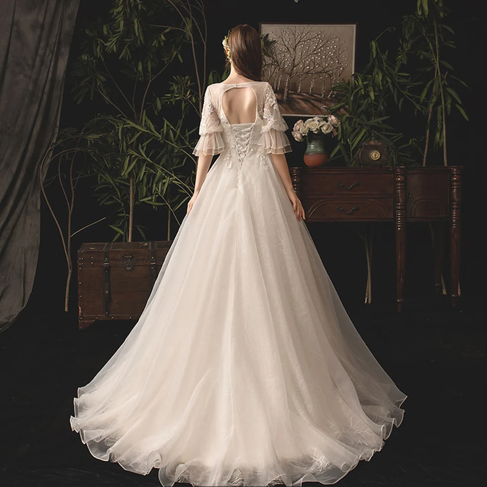 2019 Элегантные Свадебные платья Vestido De Noiva Половина рукава БИСЕРНЫЕ НИТИ, открытая спина кружевной тюлевый материал с накладным орнаментом
