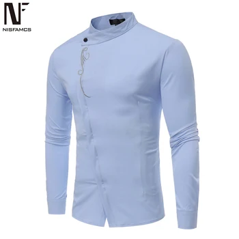 

Embroidery Style Male Tuxedo Shirts Askew Placket Man Tops Stand Collar Elegant Party Clothes Long Sleeve Loose Fit Europe Size
