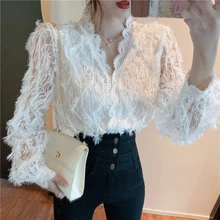 

Women tops White Shirts blusas V-neck Long Sleeve vintage Lace Hollow out Lace ladies Blouses Shirts kimono Lace Flowers 560H