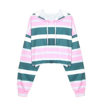 

Women Striped Patchwork Crop Top Hoodies Sweatshirts Autumn Casual Long Sleeve Hoodie Pullover Female Short Sweatshirt
