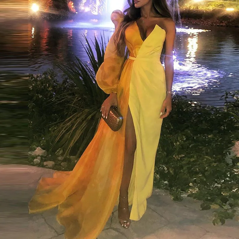 Разноцветное Сетчатое платье с пышными рукавами и высоким разрезом, женское сексуальное платье на одно плечо с длинным рукавом, макси длинное вечернее платье