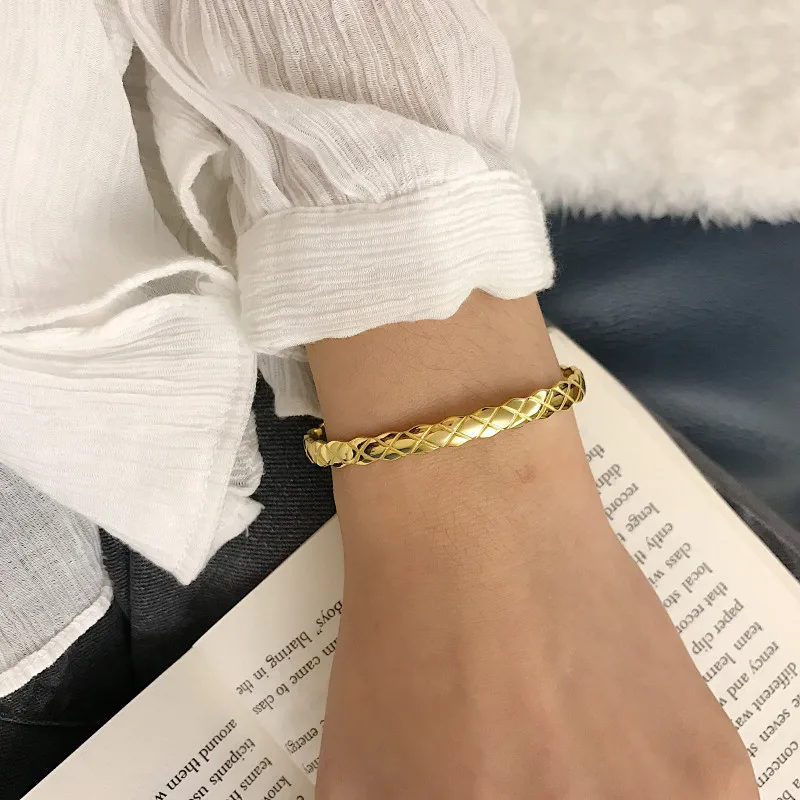 1 шт. Аутентичные 925 пробы серебро золото/белый решетки Аргайл ручной работы жесткий Браслет-манжета браслеты отрегулировать TLS236