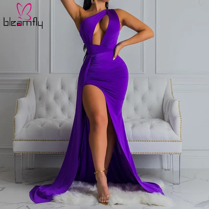 

Sexy hollow out bodycon long dress Irregular purple dinner party club dresses Women skinny high split sleeveless robe vestidos