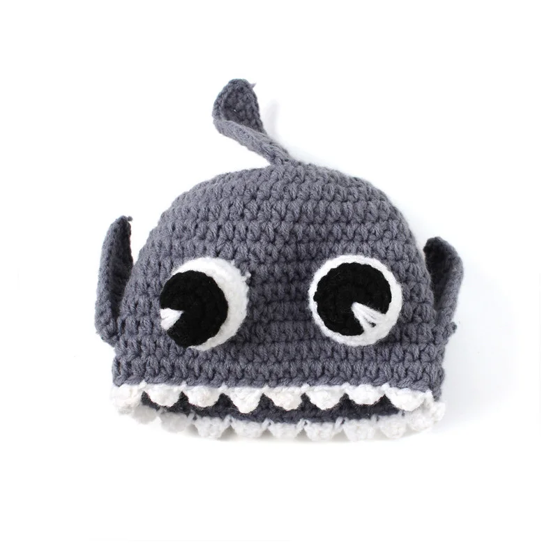 Baby Knitted Shark Hat Grey Crochet Beanie Big Eyes Warm Caps for Autumn Winter AN88