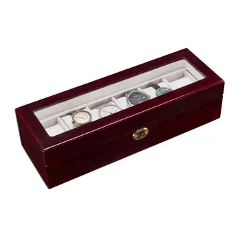 

Watch Display Case Jewelry Storage Cabinet Organizer with Lock 6 Slots Wooden Glass Top Gifts Detachable Plush Pillows[US-Stock]