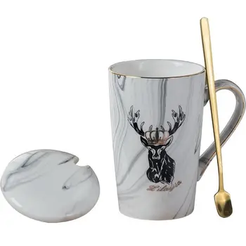 

Mug Coffee Cup Ceramic Cup Boys and Girls Gifts Elk Couple Drinking Cup Household Spoon with Lid Cups and Mugs Coffee Mugs