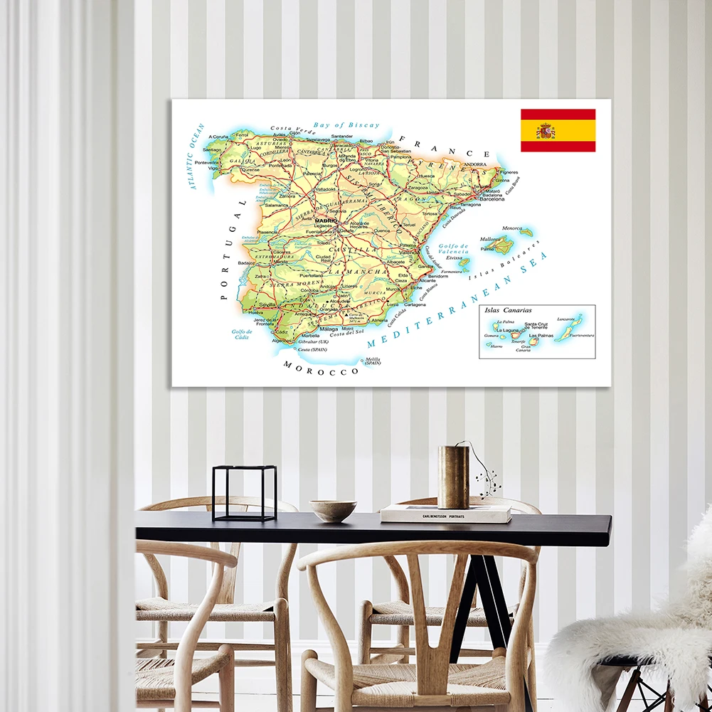 150*100cm Road and Rail Network of The Spain Map Non-woven Canvas Painting Wall Poster Office School Supplies Home Decoration spain road map