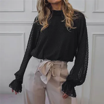 

Nice Spring Autumn Women Long Sleeve Blouse Top Fashion Transparent Mesh Blouse Buttons Solid Hollow Turtleneck Office Blusas