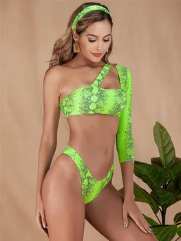 

Sexy Neon Leopard Bikini set 2020 Long Sleeve One Shoulder Thong Biquini High Cut push up Micro Swimwear Bathing Suit Swimsuit