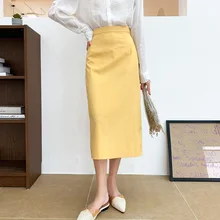 Осень высокая Талия Женская миди Длина юбки желтый Saia Женская облегающая длинная юбка черная хлопковая Юбка Faldas Jupe Femme