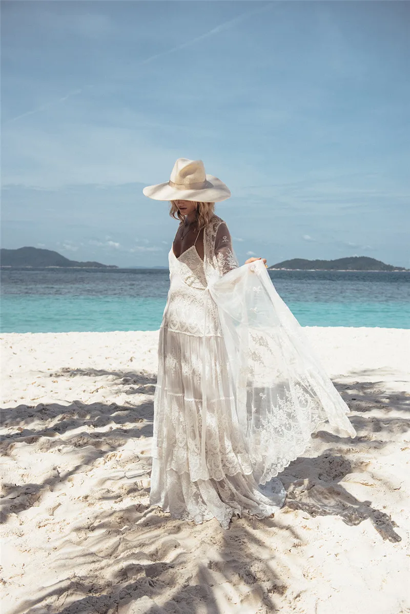 Элегантное сексуальное летнее пляжное платье с глубоким v-образным вырезом, Белая Кружевная туника, Женская пляжная одежда, купальник, накидка, халат, Q916