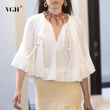 

VGH White Chiffon Ruched Elegant Women's Blouse Cloak V Neck Drawstring Oversized Loose Short Female Shirts Summer Fashion New