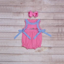 Vêtements d'été pour filles, barboteuse à carreaux bleu, nœud prune rouge, sans manches, motif brodé trois baleines, pour bébés 