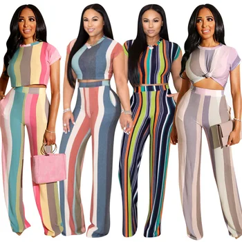 

Women Two Piece Set Summer Crop Top Wide Leg Pants Striped Patchwork Tops Pants 2 Piece Set Women's Two Pieces Sets Suits