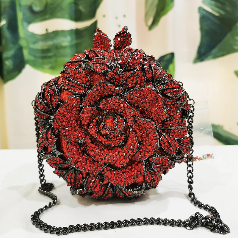 Bolso de mano con estrás de cristal rojo para mujer, Pochette elegante con estrás de cristal rojo de marca XIYUAN, bolso de mensajero de flores de piedras preciosas