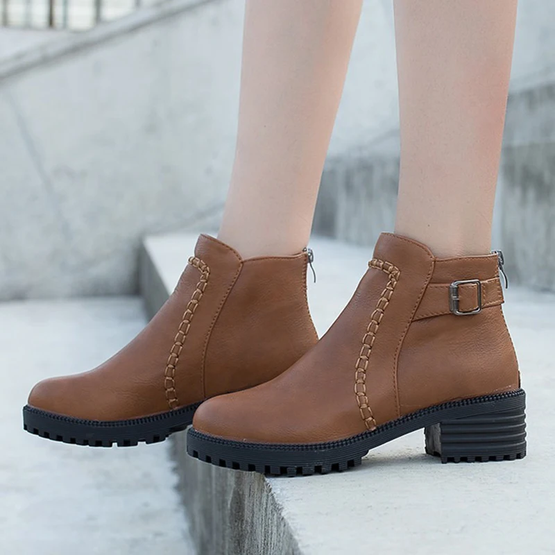

Winter Ankle Boots Women Zipper Flat Platform Boots Buckle Thick Heel Round Toe Booties Comfort Shoes Plus Size 35-43 AEZLZ197