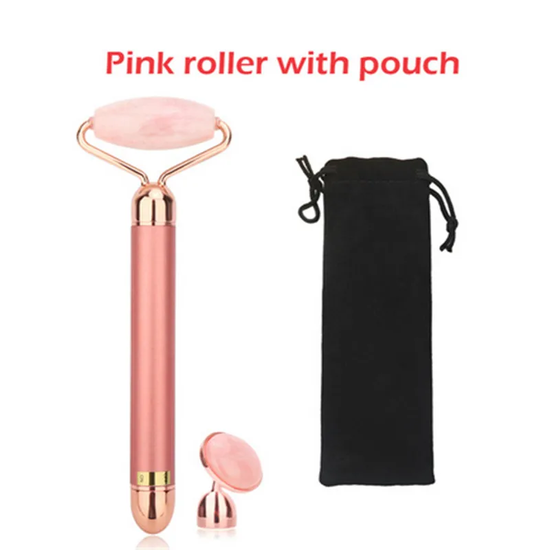 Pink-pouch Электрический натуральный нефритовый роликовый массажер для лица, укрепляющий кожу, против морщин, двойной массажный ролик, Дерма-ролик, инструменты для ухода за кожей - Цвет: Pink-pouch