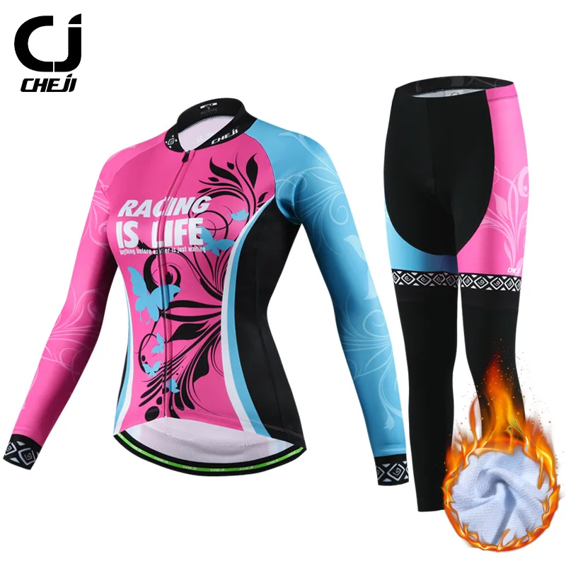 

CHEJI Winter Sports Windproof Racing Cycling Jersey Set Outdoor Warm Breathable Bike Jerseys Women Thermal Fleece Bicycle Wear