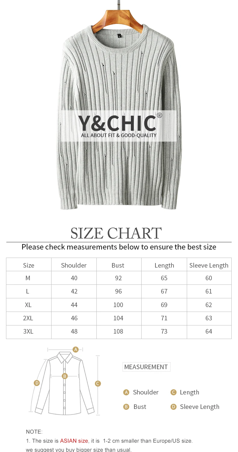 Y&CHIC, осень, новинка, мужской свитер с длинным рукавом, обычный крой, текстурированный, с круглым вырезом, пуловер, свитер с дырками, хлопок, трикотаж
