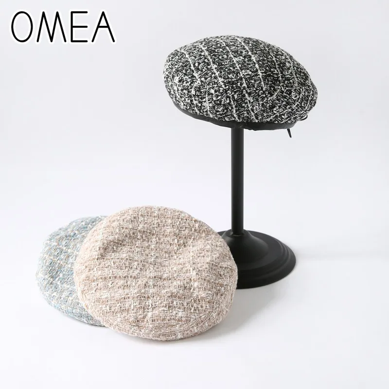OMEA клетчатый берет, женская вязаная шерстяная шапка, шапка художника, синяя зимняя шапка, женские береты для осени, шерстяной берет, женские шапочки, модная шапка
