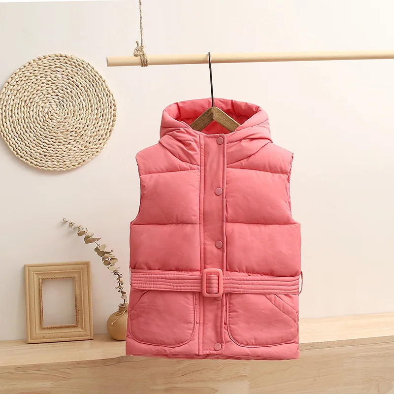 Зимняя куртка без рукавов жилет с поясом пуховая одежда пальто средней длины для девочек Детская куртка с капюшоном - Цвет: Rose Red