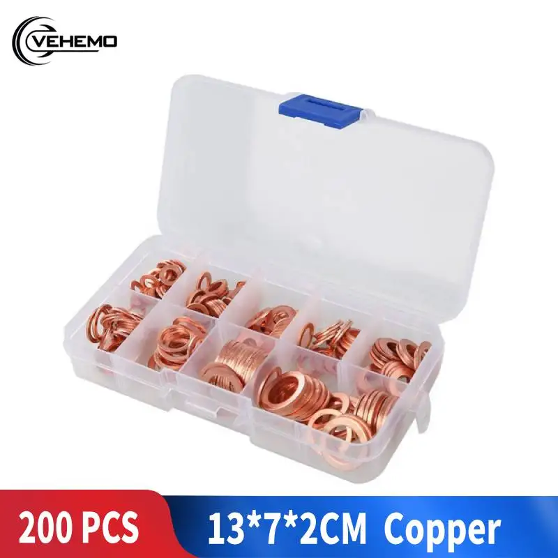 

Vehemo 200pcs/Set M5-M14 Solid Copper Washers Flat Ring Sump Plug Oil Seal Assorted Set Professional Car Accessories Kit