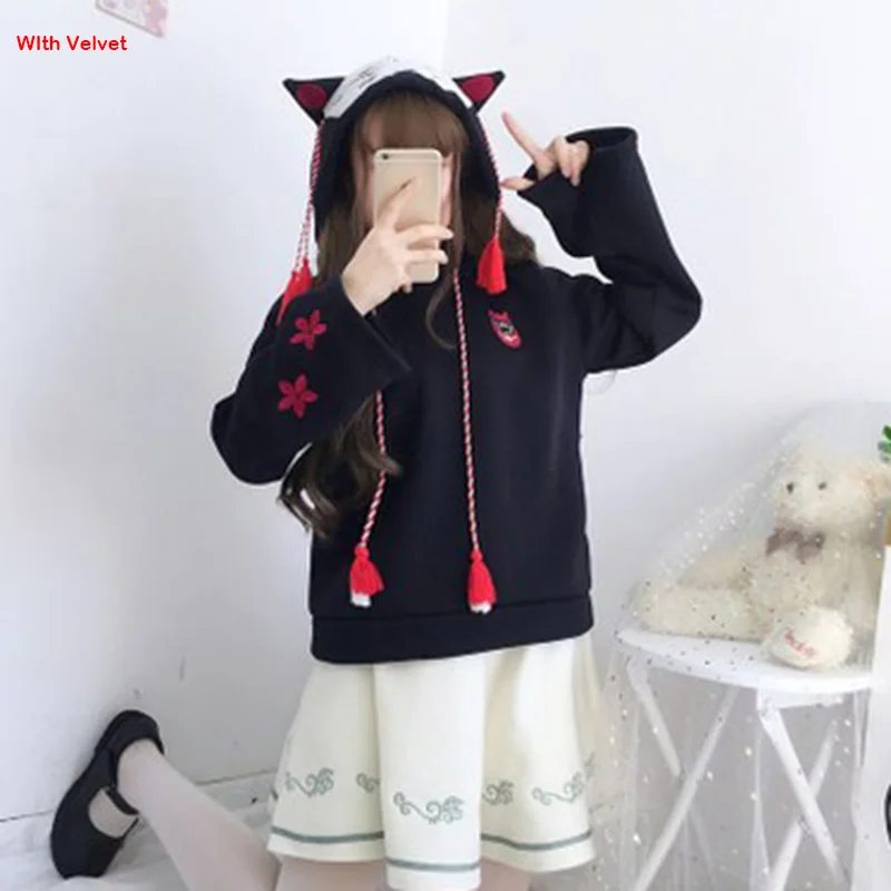 B Японские милые модные женские толстовки Harajuku Kawaii Fox Ear толстовка с капюшоном плюс бархатный пуловер толстые осенние зимние топы - Цвет: B