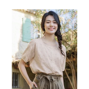 

INMAN 2020 Summer New Arrival Jacquard Weave Pure Cotton Lace Square-cut Collar Literary Loose Blouse
