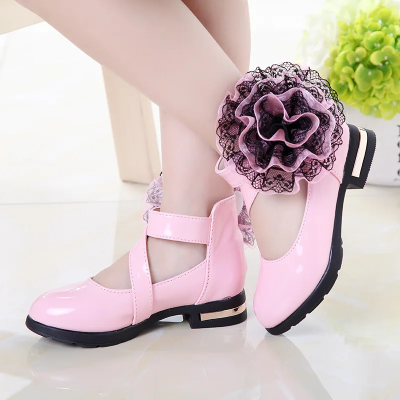 Spring Princess Fashion Flowers Children Girl Wedding Shoes For Big Kids High Heel Leather Shoes Size 3 4 5 6 7 8 9 10 11 12