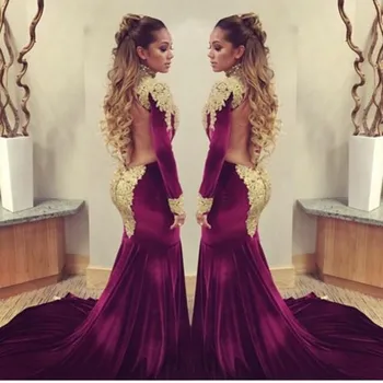

Velvet Evening 2018 Sexy High Neck Long Sleeves vestido de noiva Gold Appliques Back Long Prom Gown mother of the bride dresses