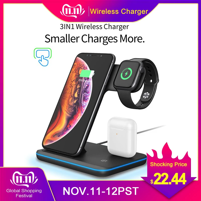 3 IN 1Qi Wireless Charger Fast Charging For iPhone 8 X XS XR For Apple Watch Airpods 10W Quick Charge For Samsung Huawei Xiaomi