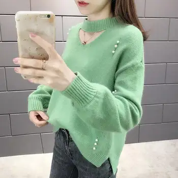 

Korean Beaded Sweater Women Winter 2019 Fashion Hollow-out Knit Pullover Jersey Mujer Plus Size Lady's Loose Sweater Coat Spring