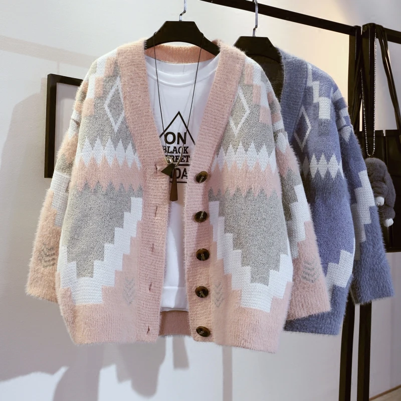New Autumn and Winter Women's Geometric Knitted Cardigan Coat Female Loose Sweaters Student All-match Thicken Knitwear Jackets